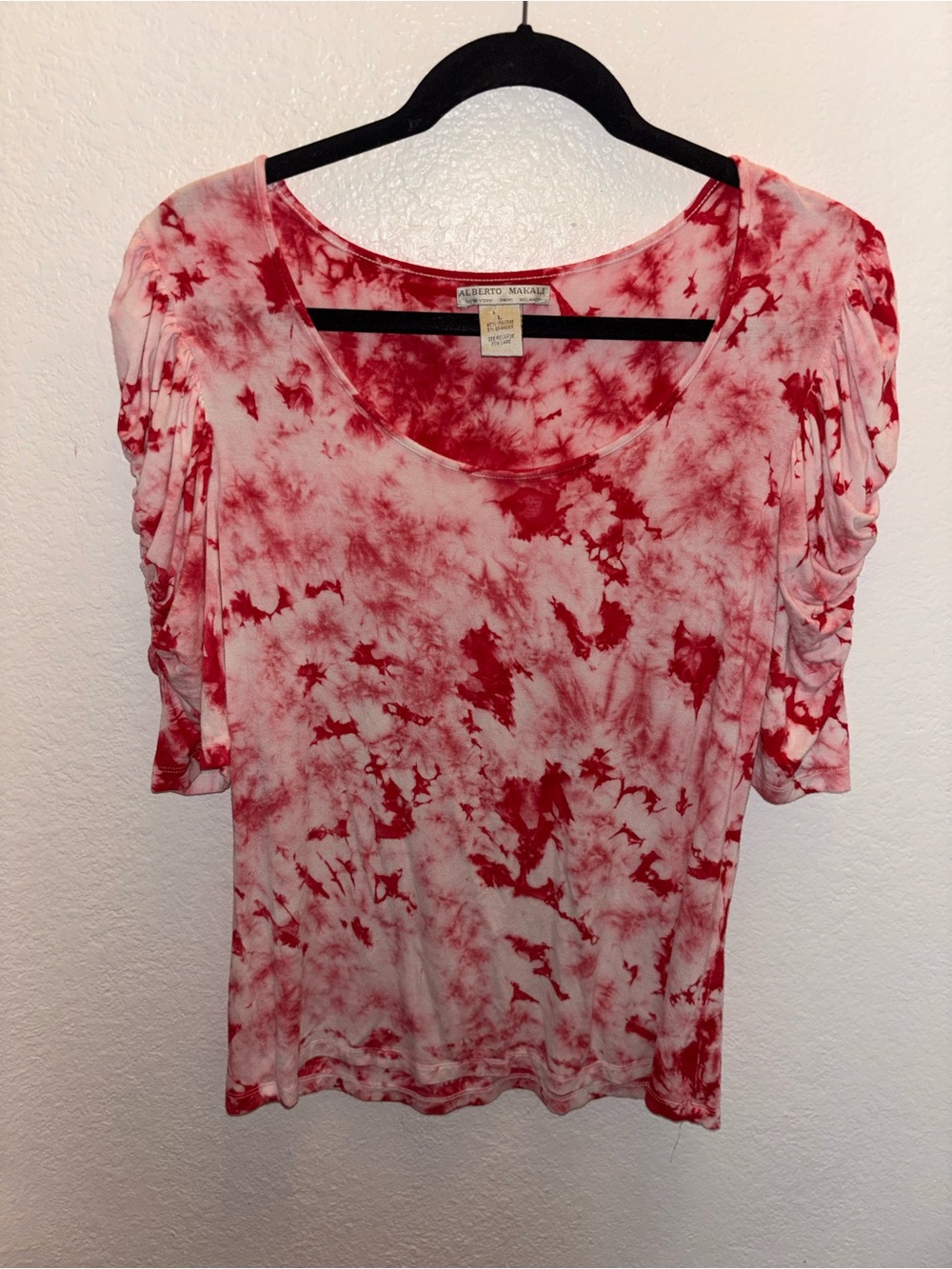 Alberto Makali Pink Tie-Dye Scoop Neck Rouched Sleeve Women's Top
